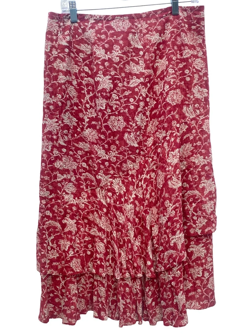 Peruvian Connection floral red and cream asymmetrical tiered midi skirt size 10